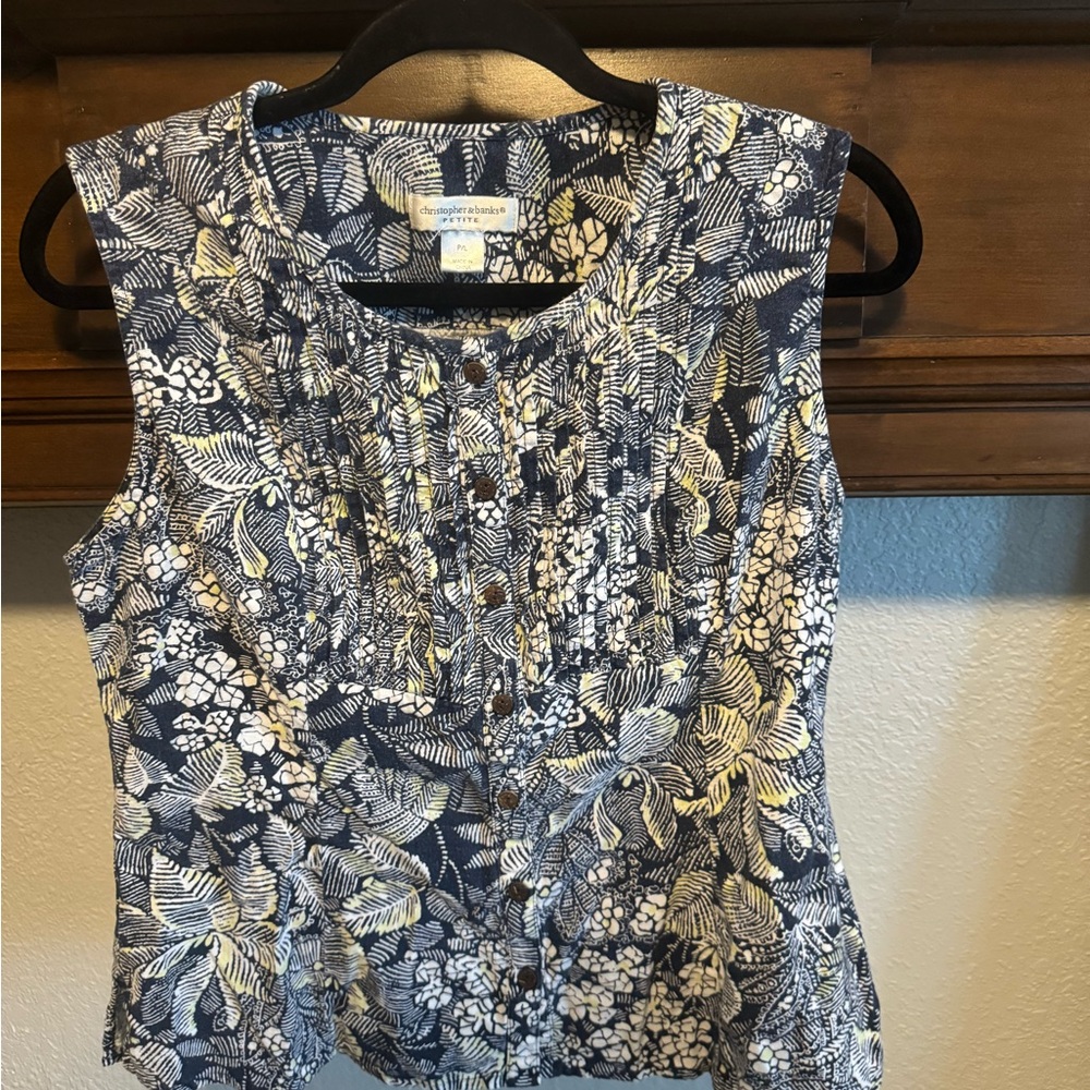 Christopher & Banks White and Blue Pleated Bib Collar Blouse